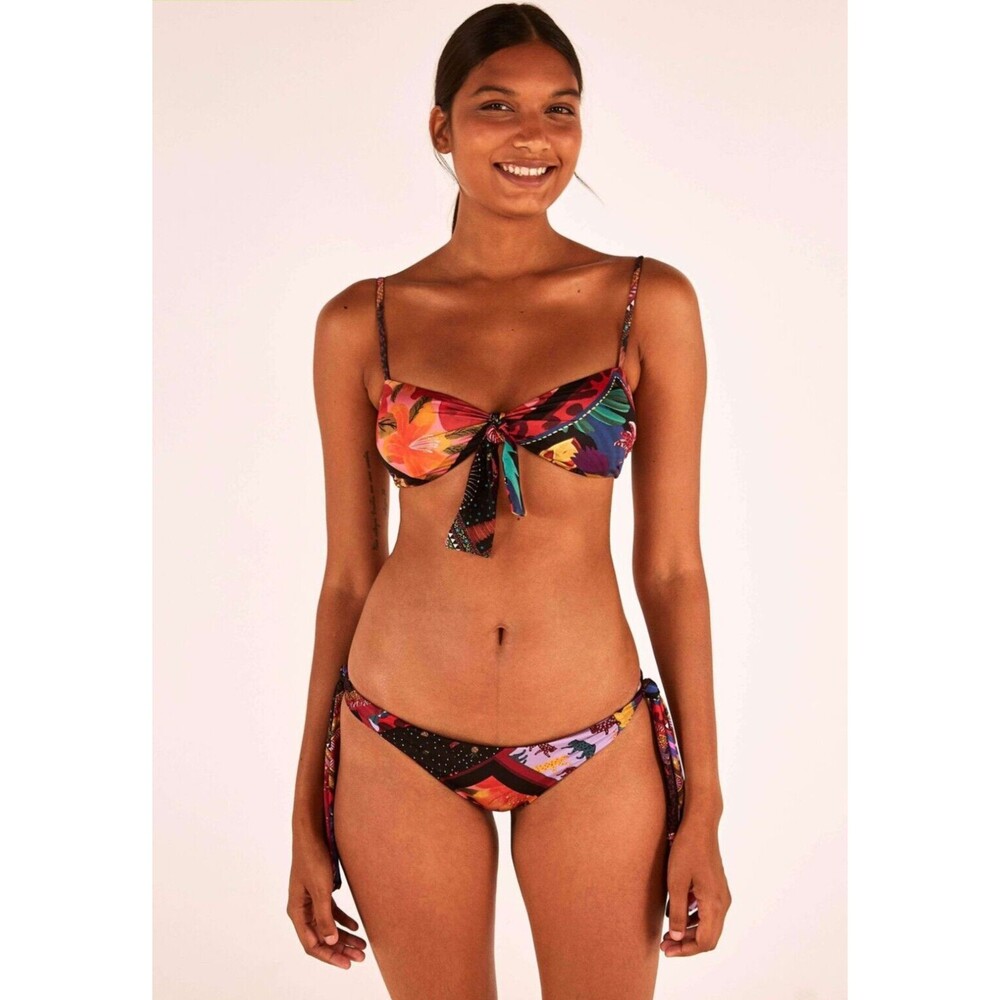 Farm Rio Diagonal Scarf Bikini Bottom Side Tie Floral Leopard Black Purple New